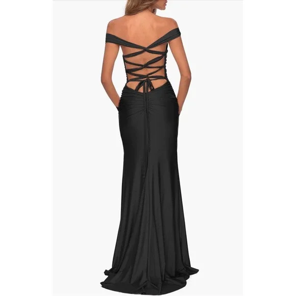 NWT La Femme 28506Off the Shoulder Dress with Tie Back and Slit Black Sz 4 $348